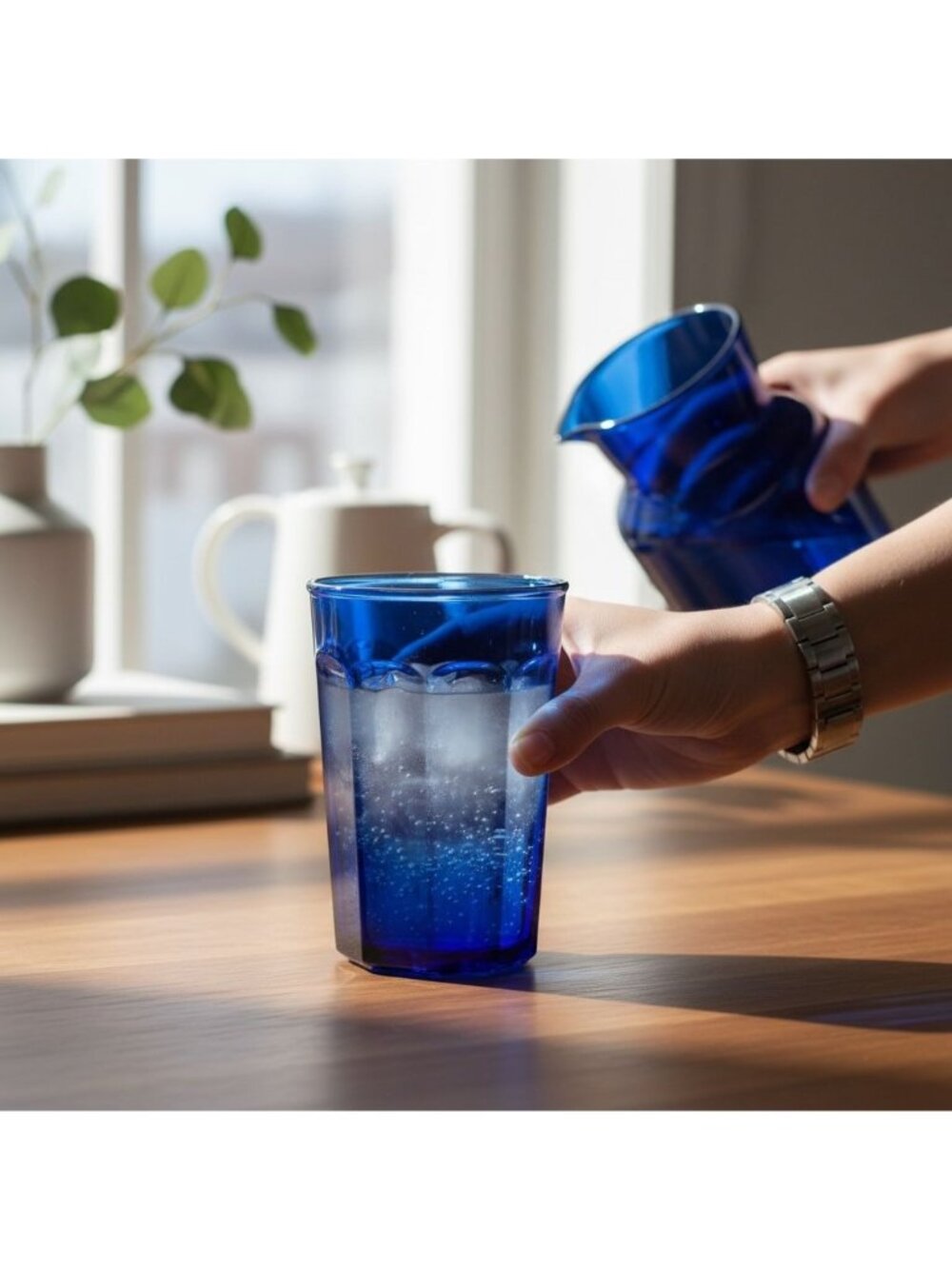 Vintage Cobalt Blue Faceted Glass Tumbler Made In France 20 oz Drinking Glass